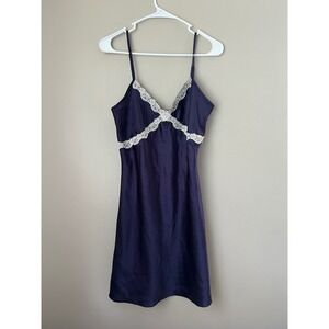 Romantic  Mini Slip Dress Navy Blue White Lace Detail Womens Fairy Whimsical